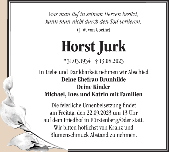 Traueranzeige von Horst Jurk von Märkische Oderzeitung