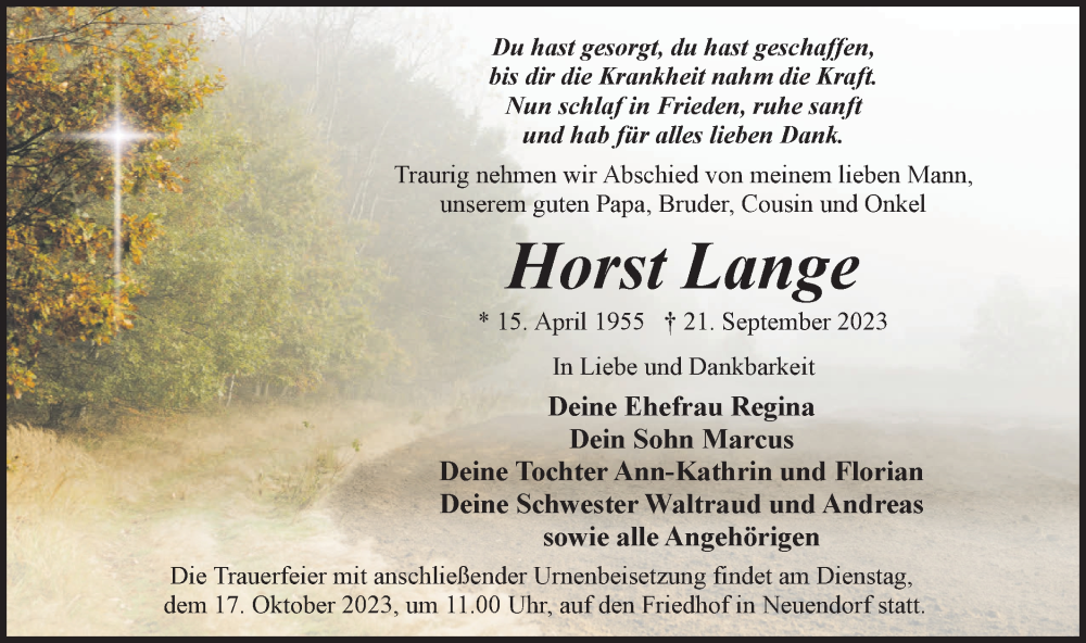  Traueranzeige für Horst Lange vom 30.09.2023 aus Märkische Oderzeitung