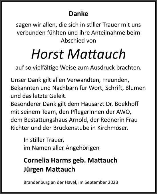 Traueranzeige von Horst Mattauch von Märkische Oderzeitung