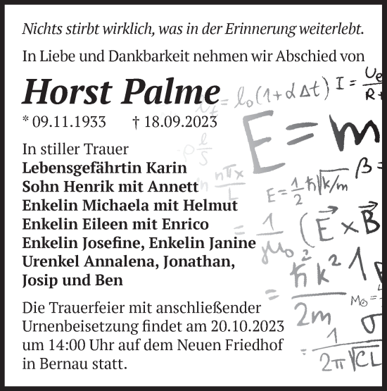 Traueranzeige von Horst Palme von Märkische Oderzeitung