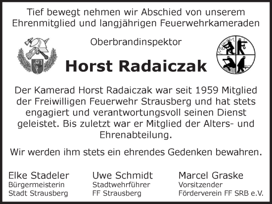 Traueranzeige von Horst Radaiczak von Märkische Oderzeitung