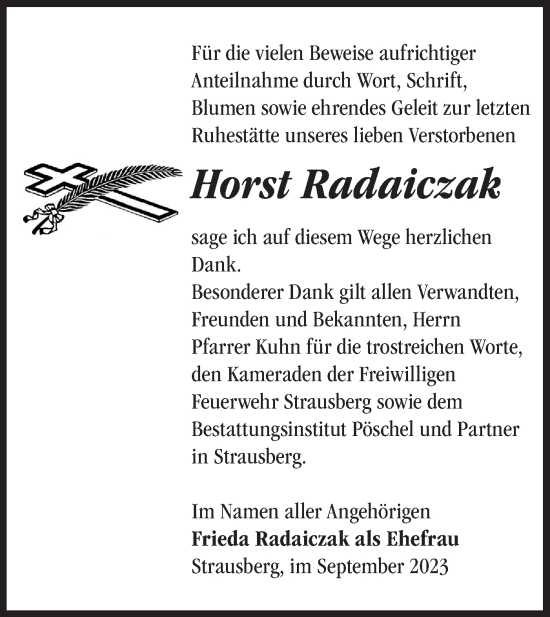 Traueranzeige von Horst Radaiczak von Märkische Oderzeitung