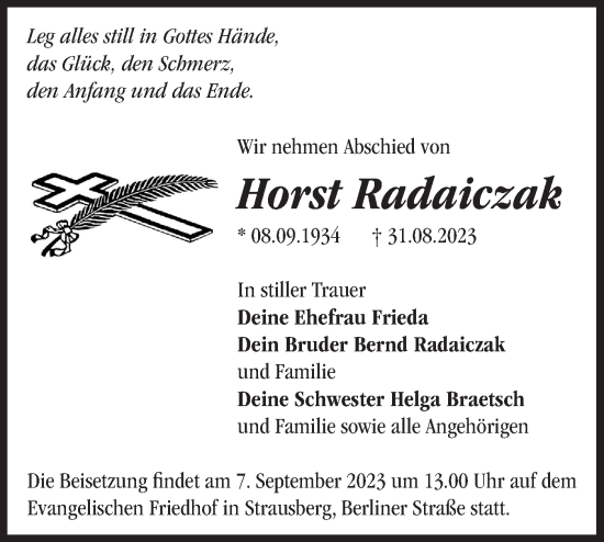 Traueranzeige von Horst Radaiczak von Märkische Oderzeitung