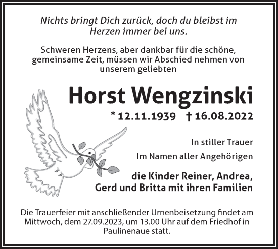 Traueranzeige von Horst Wengzinski von Märkische Oderzeitung