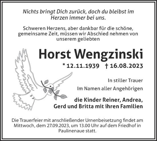 Traueranzeige von Horst Wengzinski von Märkische Oderzeitung