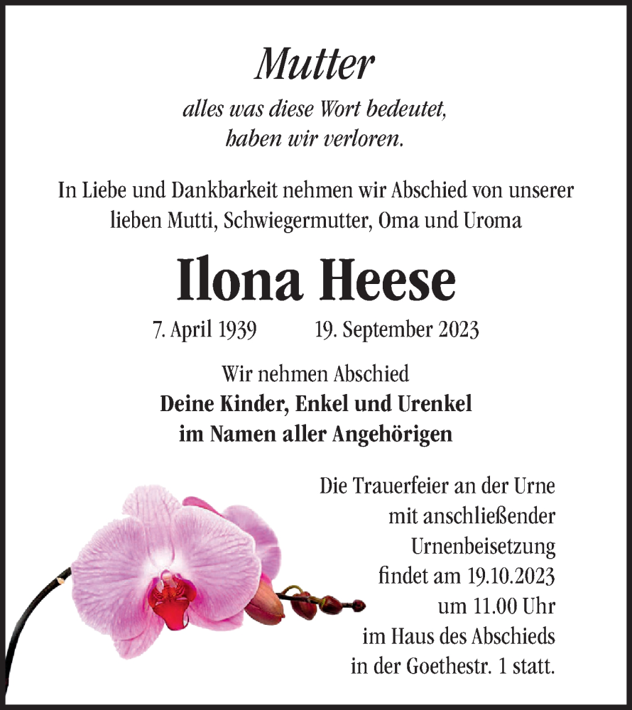  Traueranzeige für Ilona Heese vom 30.09.2023 aus Märkische Oderzeitung