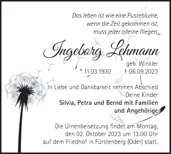 Traueranzeige von Ingeborg Lehmann von Märkische Oderzeitung