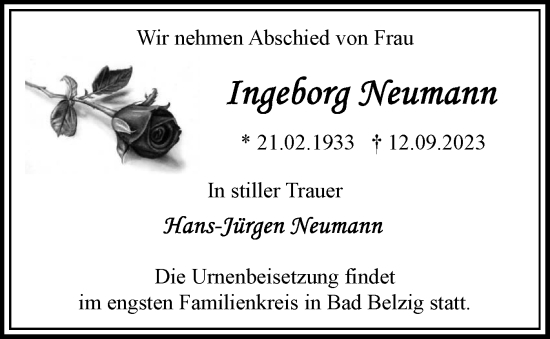 Traueranzeige von Ingeborg Neumann von Märkische Oderzeitung