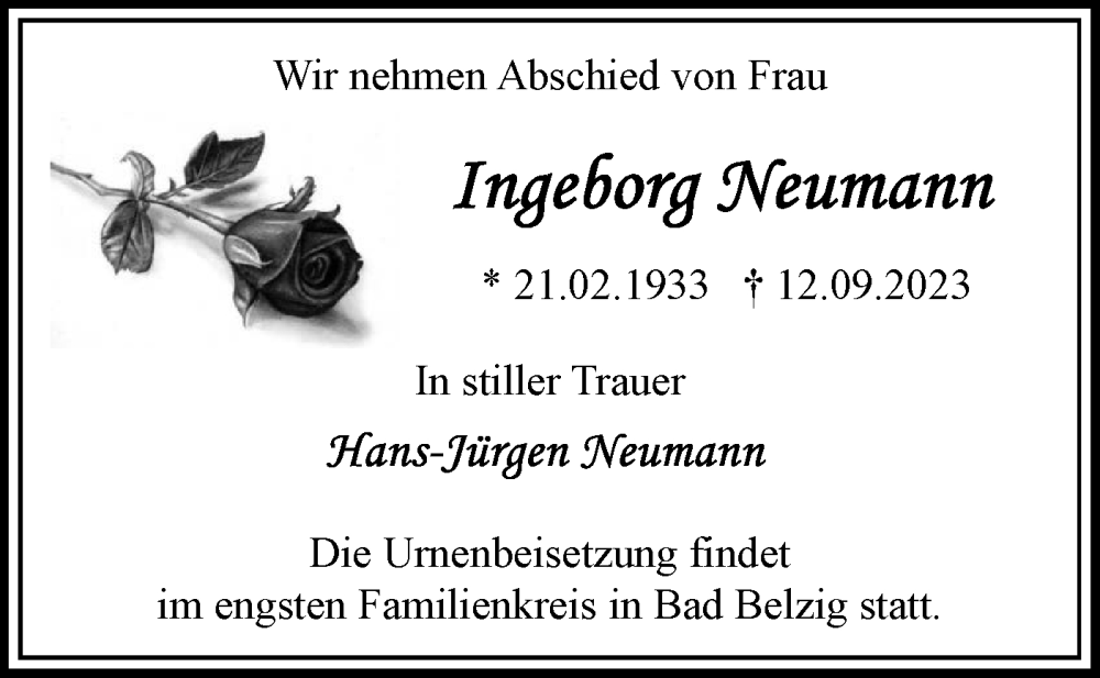  Traueranzeige für Ingeborg Neumann vom 23.09.2023 aus Märkische Oderzeitung