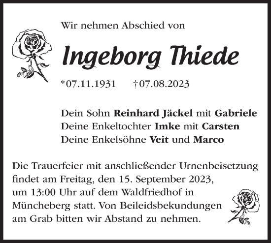 Traueranzeige von Ingeborg Thiede von Märkische Oderzeitung