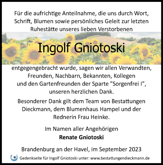 Traueranzeige von Ingolf Gniotoski von Märkische Oderzeitung