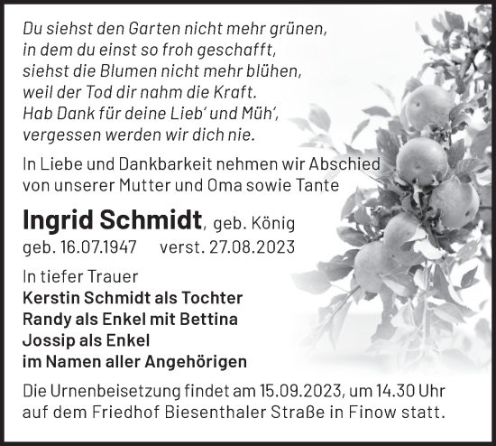 Traueranzeige von Ingrid Schmidt von Märkische Oderzeitung