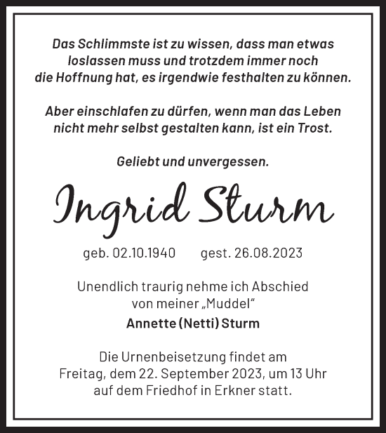 Traueranzeige von Ingrid Sturm von Märkische Oderzeitung