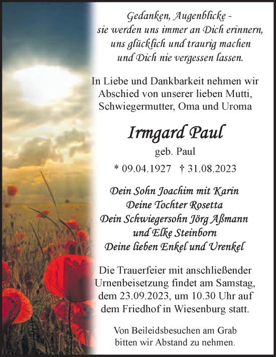 Traueranzeige von Irmgard Paul von Märkische Oderzeitung