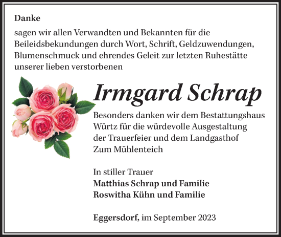 Traueranzeige von Irmgard Schrap von Märkische Oderzeitung