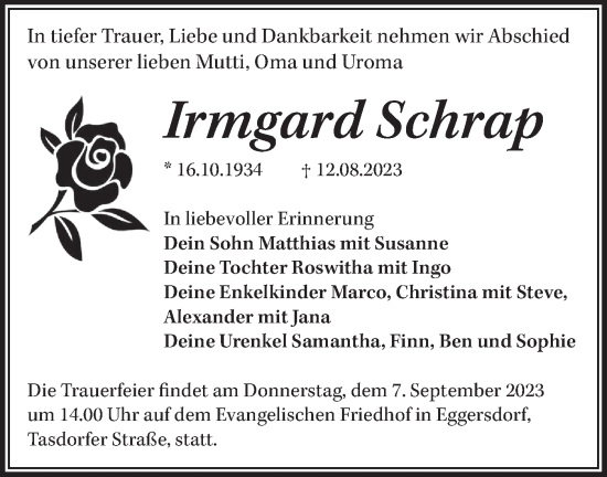 Traueranzeige von Irmgard Schrap von Märkische Oderzeitung