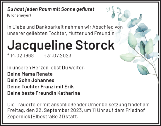 Traueranzeige von Jacqueline Storck von Märkische Oderzeitung