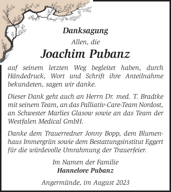 Traueranzeige von Joachim Pubanz von Märkische Oderzeitung