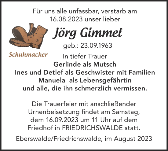 Traueranzeige von Jörg Gimmel von Märkische Oderzeitung