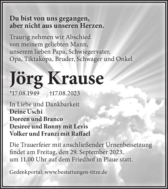 Traueranzeige von Jörg Krause von Märkische Oderzeitung