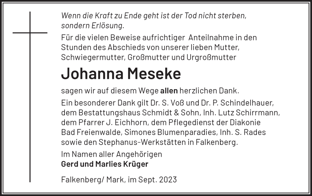  Traueranzeige für Johanna Meseke vom 30.09.2023 aus Märkische Oderzeitung