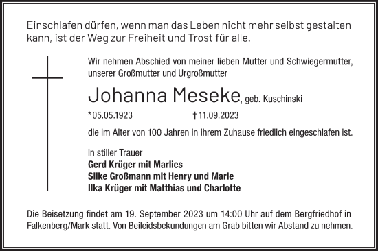 Traueranzeige von Johanna Meseke von Märkische Oderzeitung