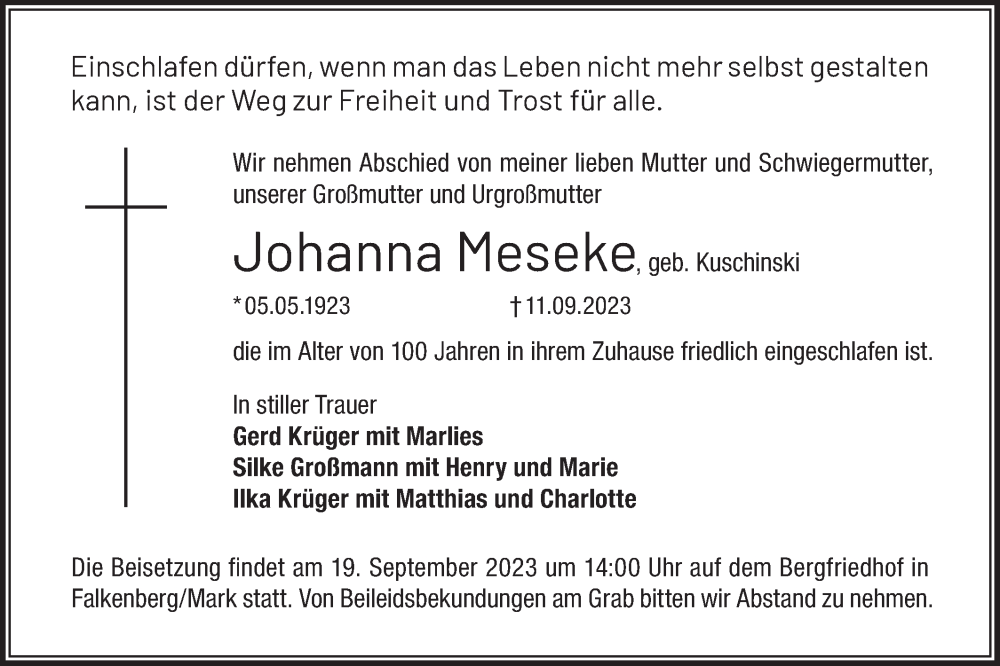  Traueranzeige für Johanna Meseke vom 16.09.2023 aus Märkische Oderzeitung