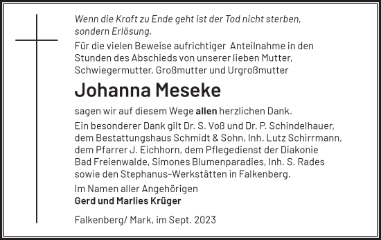 Traueranzeige von Johanna Meseke von Märkische Oderzeitung