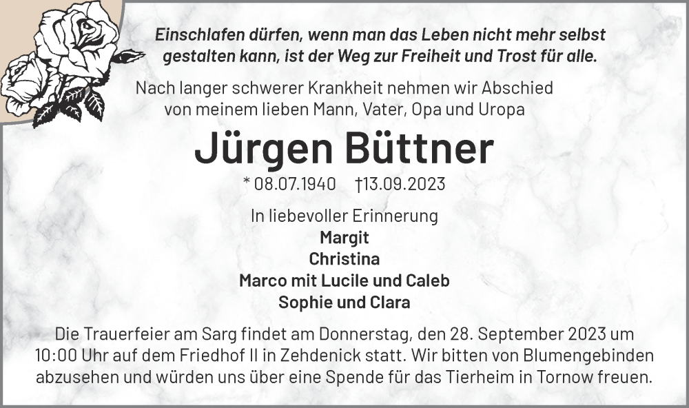  Traueranzeige für Jürgen Büttner vom 23.09.2023 aus Märkische Oderzeitung