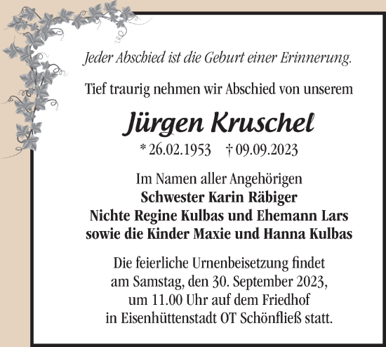 Traueranzeige von Jürgen Kruschel von Märkische Oderzeitung