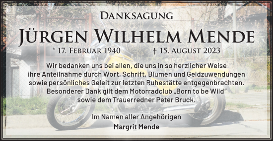 Traueranzeige von Jürgen Wilhelm Mende von Märkische Oderzeitung