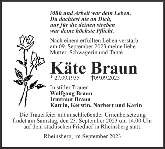 Traueranzeige von Käte Braun von Märkische Oderzeitung