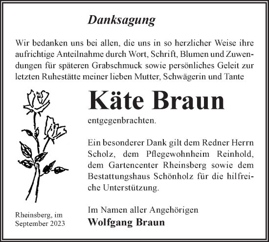 Traueranzeige von Käte Braun von Märkische Oderzeitung