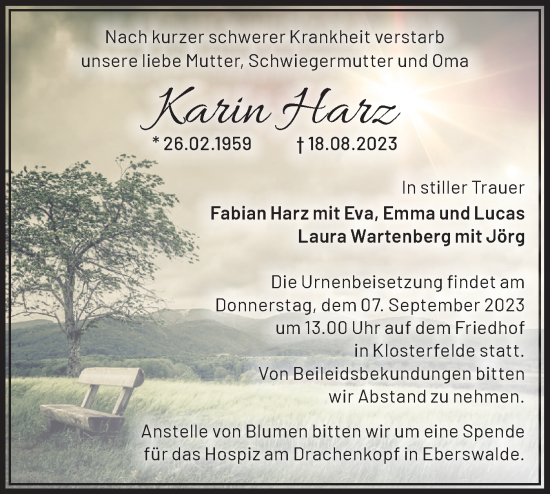 Traueranzeige von Karin Harz von Märkische Oderzeitung