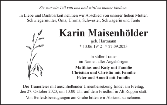 Traueranzeige von Karin Maisenhölder von Märkische Oderzeitung