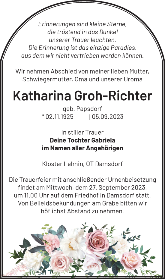 Traueranzeige von Katharina Groh-Richter von Märkische Oderzeitung