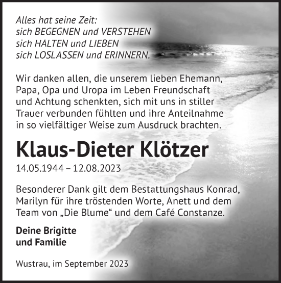 Traueranzeige von Klaus-Dieter Klötzer von Märkische Oderzeitung