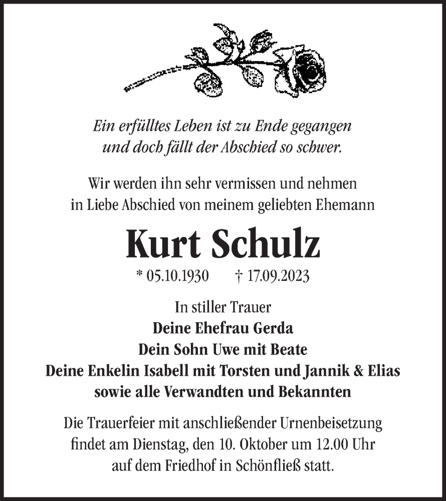  Traueranzeige für Kurt Schulz vom 30.09.2023 aus Märkische Oderzeitung