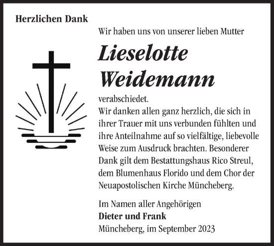 Traueranzeige von Lieselotte Weidemann von Märkische Oderzeitung