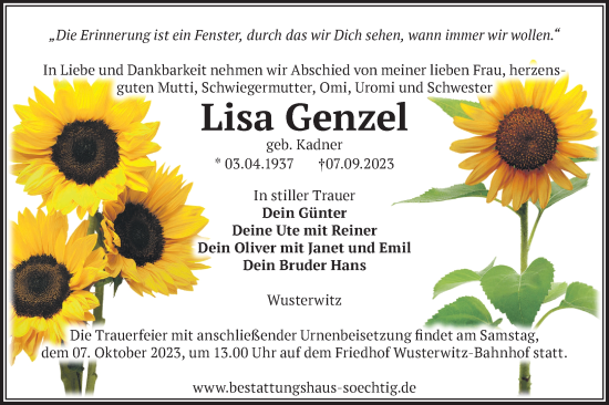 Traueranzeige von Lisa Genzel von Märkische Oderzeitung