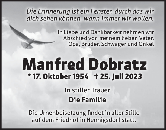 Traueranzeige von Manfred Dobratz von Märkische Oderzeitung