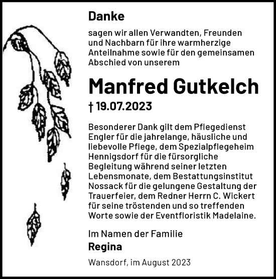 Traueranzeige von Manfred Gutkelch von Märkische Oderzeitung