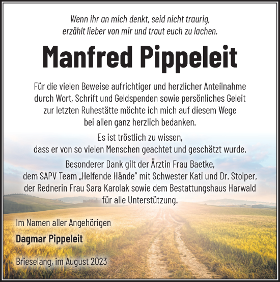 Traueranzeige von Manfred Pippeleit von Märkische Oderzeitung