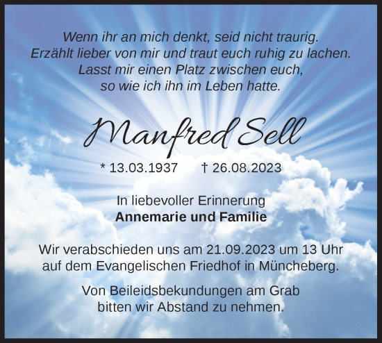 Traueranzeige von Manfred Sell von Märkische Oderzeitung