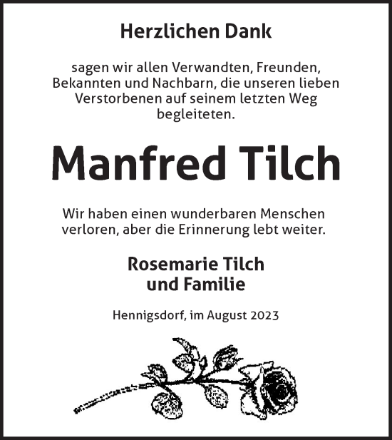 Traueranzeige von Manfred Tilch von Märkische Oderzeitung