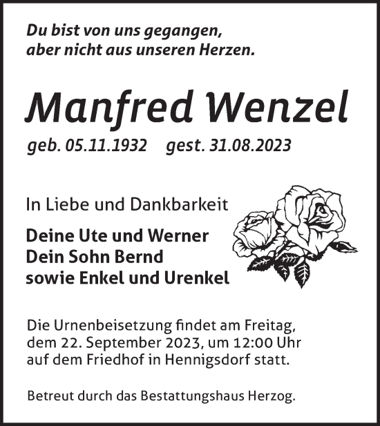 Traueranzeige von Manfred Wenzel von Märkische Oderzeitung