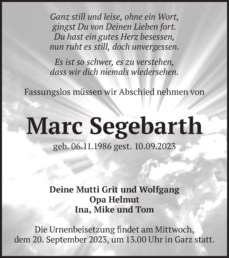  Traueranzeige für Marc Segebarth vom 16.09.2023 aus Märkische Oderzeitung