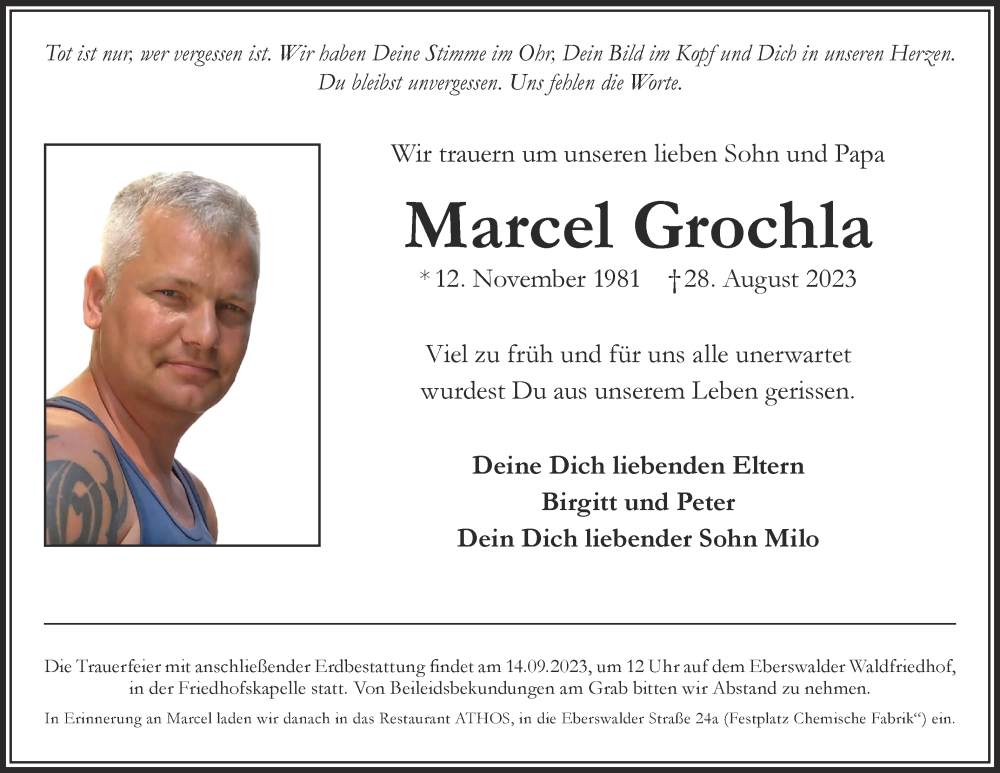  Traueranzeige für Marcel Grochla vom 09.09.2023 aus Märkische Oderzeitung