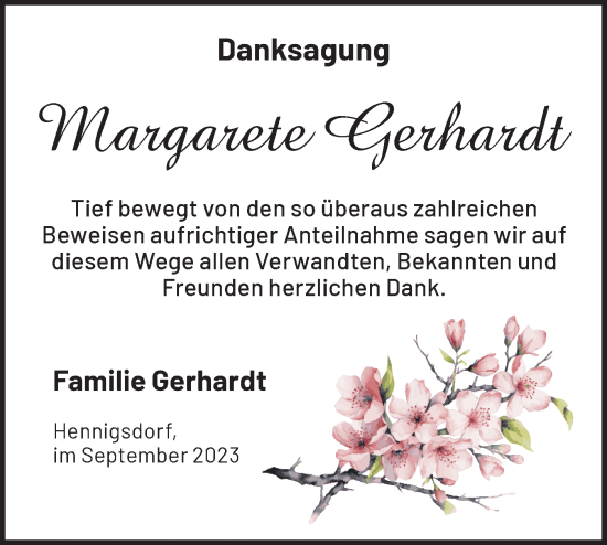 Traueranzeige von Margarete Gerhardt von Märkische Oderzeitung