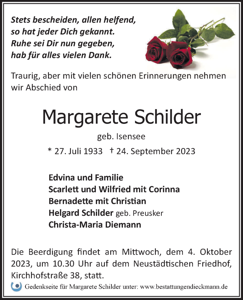  Traueranzeige für Margarete Schilder vom 30.09.2023 aus Märkische Oderzeitung